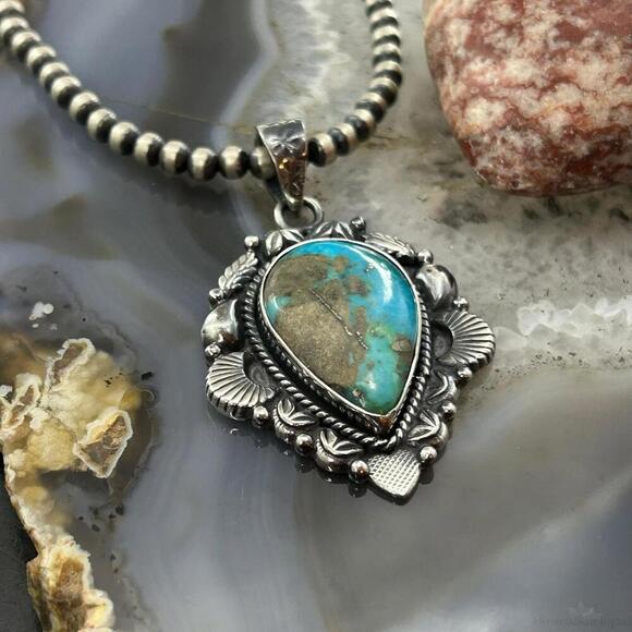 Sterling Silver Southwestern Style Teardrop Turquoise Pendant For Women #9 - Picture 4 of 10